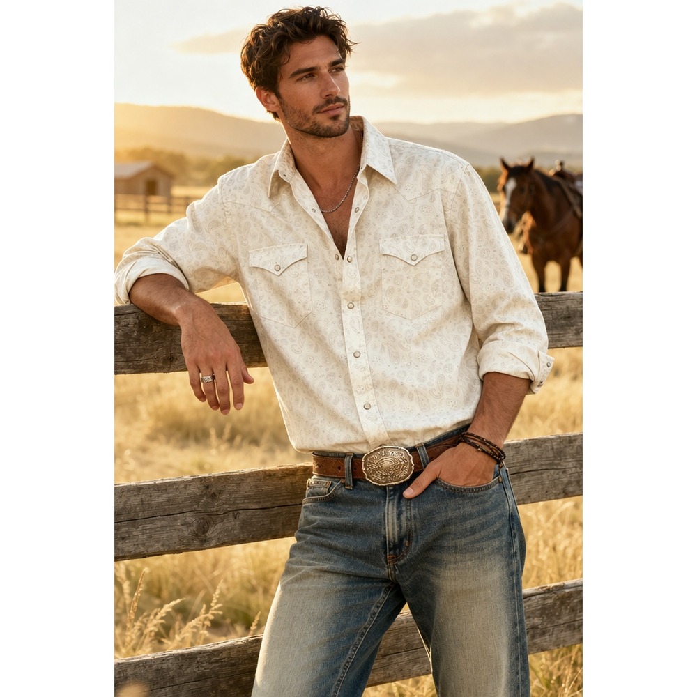 Panhandle Shirt Mens L White Paisley Print Pearl Snap Western  Rodeo Pockets